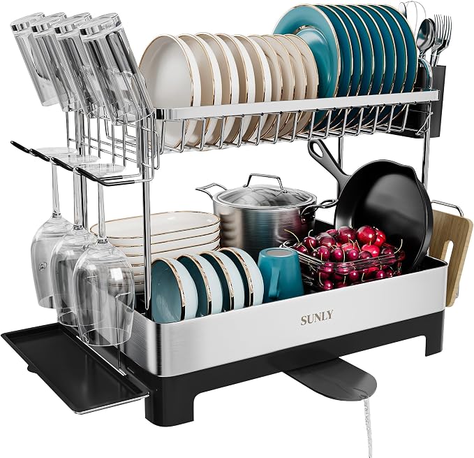 2 Tier Dish Drying Rack, Extra Large Dish Rack, Multifunctional Large Dish Drainers for Kitchen Counter, 304 Stainless Steel Kitchen Drying Rack, Bowl Drying Rack, Extendable Drain Spout, Black
