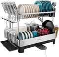 2 Tier Dish Drying Rack, Extra Large Dish Rack, Multifunctional Large Dish Drainers for Kitchen Counter, 304 Stainless Steel Kitchen Drying Rack, Bowl Drying Rack, Extendable Drain Spout, Black