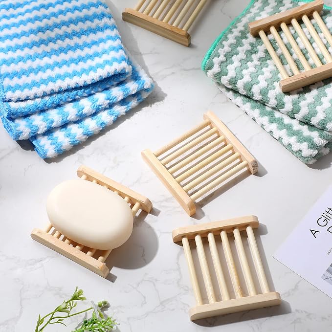 Amyhill 25 Pcs Bamboo Wood Soap Dish Bulk Bathroom Wooden Soap Holder Savers Self Draining Dishes Handcraft Tray, 3.3 x 3.3 x 0.67 Inch (Wood Color)