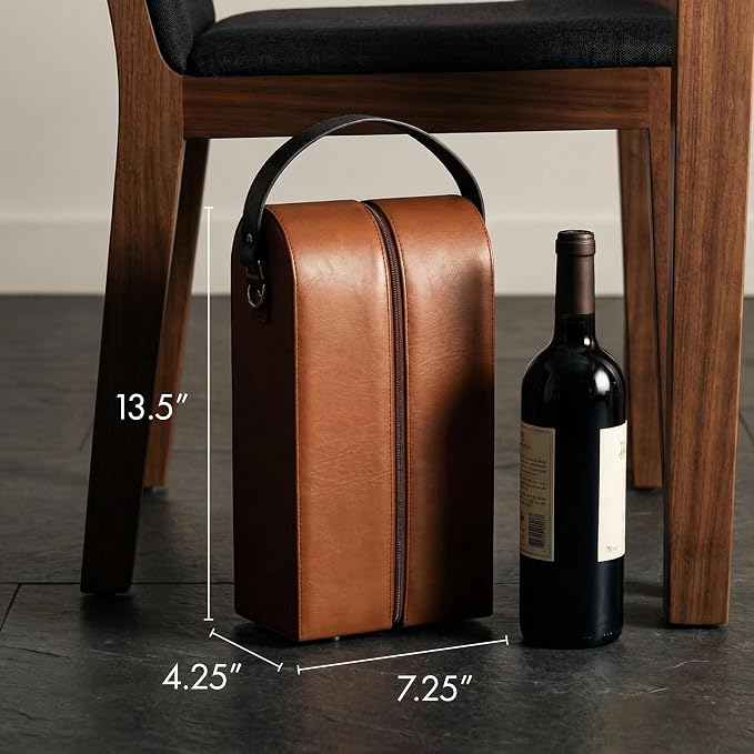 Bey-Berk Vino Brown Leather Double Wine Caddy, Two-Bottle Travel Case with Zipper Closure and Corkscrew Bar Tool