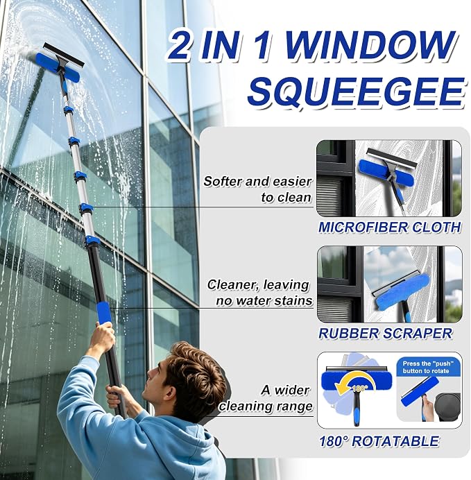 Buyplus 30FT Reach Solar Panel Cleaning Brush Kit with 5-24FT Telescoping Pole, Water Fed Window Cleaner Tool with 20" Brush, Soap Dispenser, Cobweb Duster, Squeegee for Roof, RV, Gutter, Deck, Blue