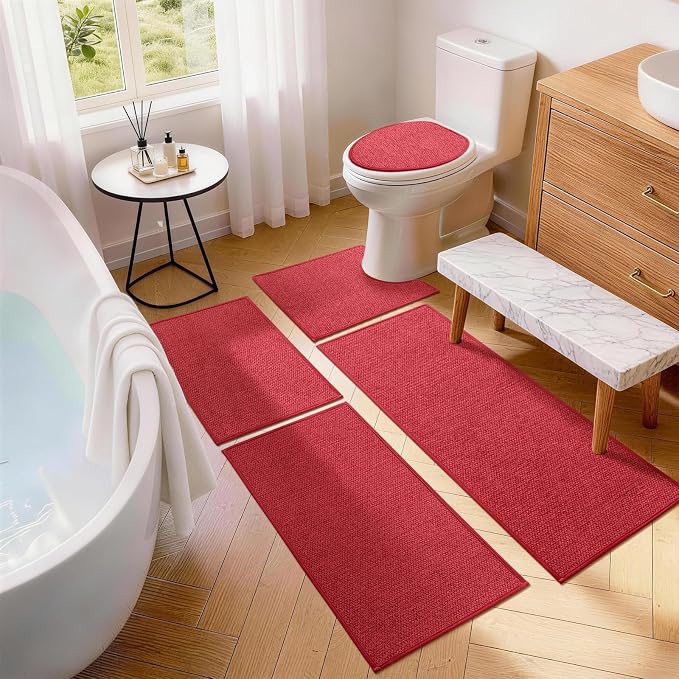 YIHOUSE Red Toilet Rugs U Shaped 17.5"x24", Quick Dry Non Slip Contour Bath Mat, Absorbent Machine Washable Ultra Thin Bathroom Mats for Toilet Base