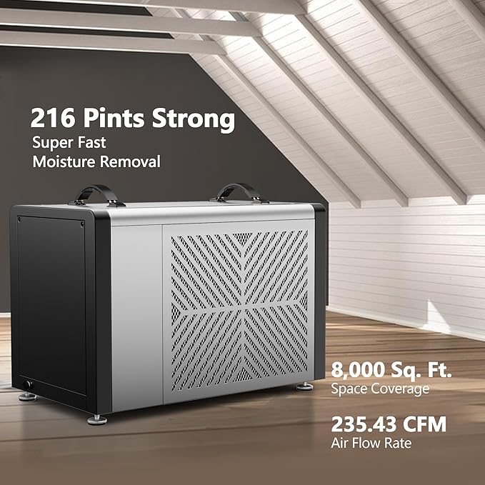 Yaufey 216 Pints Commercial Dehumidifier with Pump for Crawl Space, Basement, Industrial Space, 8000 Sq.Ft., 10-90% RH Humidity Control, 7/24 Running Continuous Drainage, TUV Certified, 5-Yr Coverage