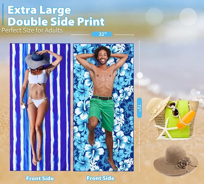 TwoYek Microfiber Beach Towel Extra Large 71x32 Stripes Floral 2 Pack | Thin & Lightweight, Sand Free, Super Absorbent & Quick Dry, Oversized Towels for Beach Bath Pool Swim Travel Essentials Gift