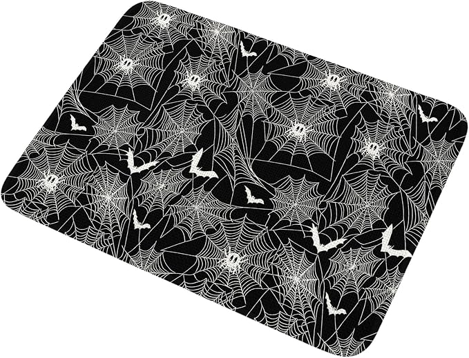 Halloween Bathroom Rugs Non Slip Washable Bath Mat Absorbent Low Pile Front Door Mat Black Scary White Bat Animal Net Geometric Indoor Doormat for Kitchen Entryway Shower Decor Accessories 15.7"x23.6"
