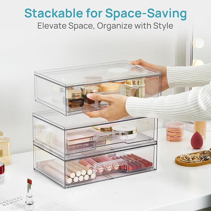 Vtopmart 12.1''W Clear Stackable Storage Drawers,4 Pack Acrylic Plastic Organizers Bins for Makeup Palettes, Cosmetics, and Beauty Supplies,Ideal for Vanity, Bathroom,Cabinet,Desk Organization