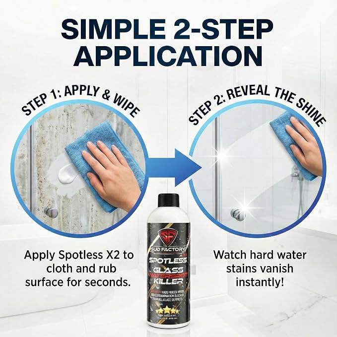 Sud Factory Hard Water Spot Remover for Glass Spotless X2 - Removes Water Stains from Shower Doors, Car Windows, Windshields - Professional Strength 16oz