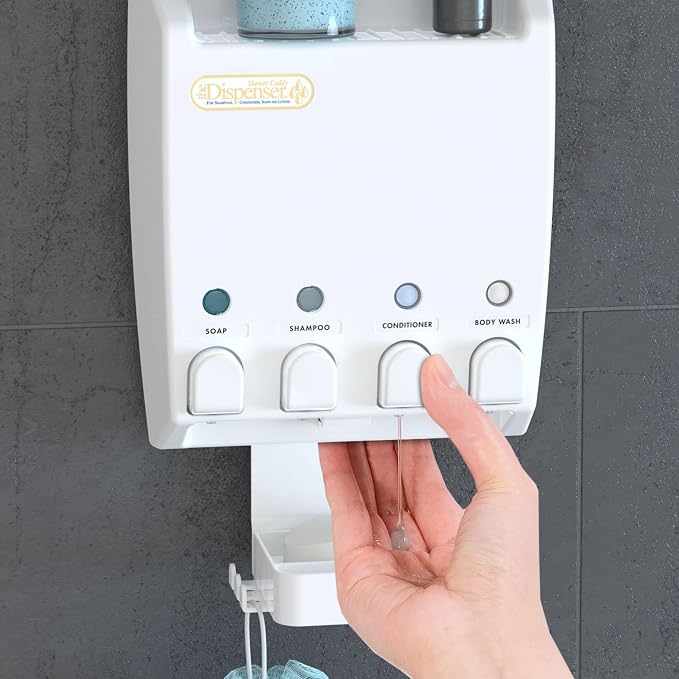 Better Living Ulti-Mate Shower Dispenser Caddy, 4 x 14.5 oz, White | Wall Mount 4 Chamber, Shower Dispenser for Bathroom, Shelf, Built-in Hooks & Soap Dish, No Drill