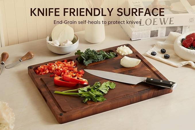 Walnut Cutting Boards for Kitchen, End Grain Wooden Chopping Board | 17"×13" Double Sided Charcuterie Board with Handle, 1"Thick Butcher Block Large for Prep & Serving with Gift Box