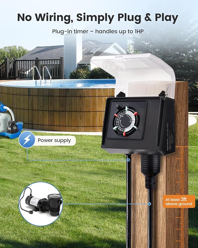 SURAIELEC Mechanical Pool Timer for Above Ground Pools, NEMA L5-20R Twist-Lock Plug-in Pool Timer, 20A 125V 1HP, Up to 3 Daily Settings, Weatherproof Cover, for Pumps, Heaters, Fountains and Lighting