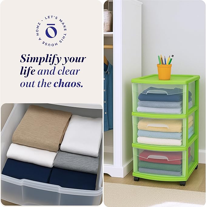 HOMZ Drawer Tower, 3-Tier Clear Plastic Storage Organizer Cart, Bold Lime Frame - Rolling Drawer Containers with Wheels for Bathroom, Bedroom, Office, and Classroom Organization