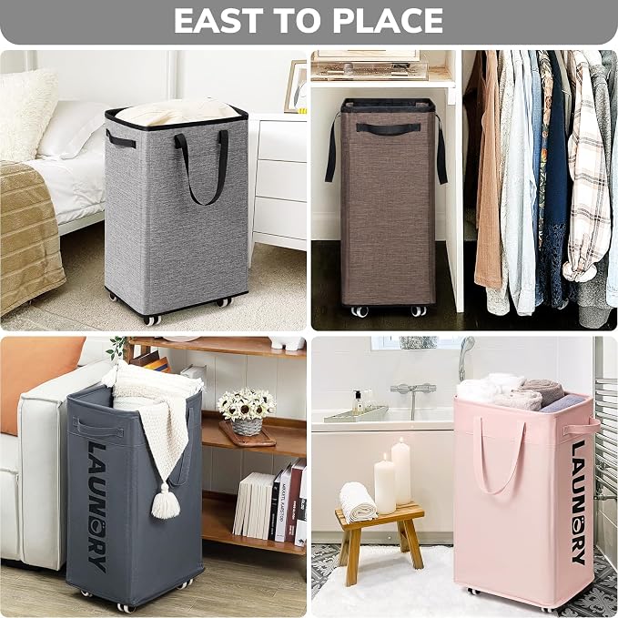 Goodpick 75L Rolling Laundry Basket, Large Laundry Hamper with Handles and Removable Wash Bag, Space Saving for Laundry Room, Light Grey