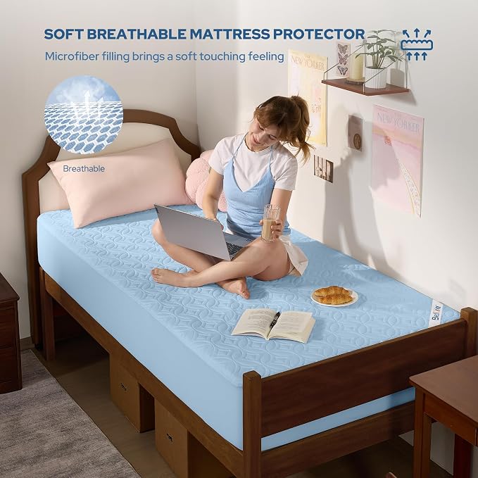 BEDLORE Waterproof Mattress Protector, Twin XL Size Mattress Pad with Deep Pocket 6"-15" Depth, Soft Breathable Dirt-Proof Bed Mattress Cover for Bedroom, College Dorm (Sky Blue)