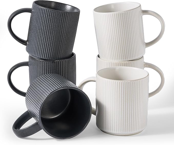 famiware Coffee Mug Set for 6, Star 16 oz Catering Mugs Cup Set with Handle for Coffee, Tea, Cocoa, Milk - Ceramic Stoneware Drinkware Set, Matte White + Matte Black