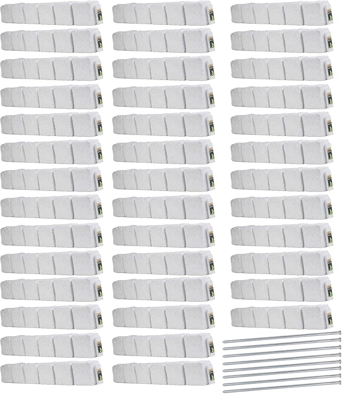 Landscape Edging | Garden Edging Border | Polyrock Blocks for Lawn Edging, Flower Beds & Yard Edging – 40 Pack | Each Section Has 6 Blocks 48" L x 4" W x 6.5" H | 80 Spikes | Limewash