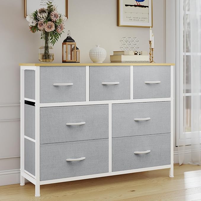 OLIXIS 7 Drawer Closet Organizer Chest, Fabric Storage Tower with Sturdy Steel Frame, Wooden Top & Easy Pull Fabric Bins, Dresser for Bedroom Living Room Entryway Clothes Organization, Light Gray