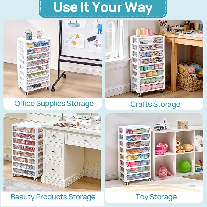 Vtopmart 8 Tier Rolling Cart with Drawers, Clear Plastic Drawers with Removable Dividers for Art &Office Supplies, Beauty Products, Toy, Under Desk Storage for Craft Room, Classroom