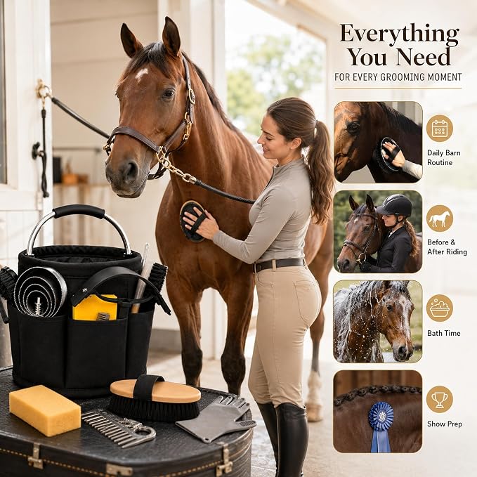Horse Grooming Kit, 15-Piece Horse Brush Set with Tote Bag, Long Shedding Blade, Hoof Pick, Curry Comb, Sweat Scraper, Mane and Tail Comb, Gloves, Equine Grooming Supplies, Black