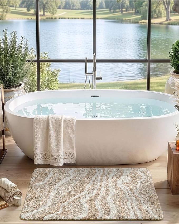 DEXI Bathroom Rug Mat 32x20, Soft and Absorbent Marble Bath Mat, Non Slip Machine Washable Bath Rugs for Shower Floor, Tub, Sink, Beige