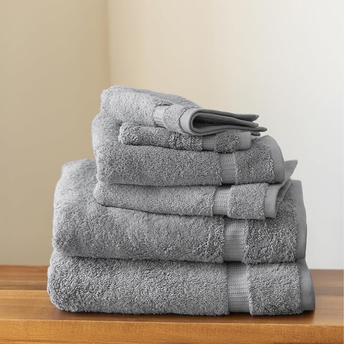SALBAKOS 100% Turkish Cotton Bathroom Towel Set of 6-Piece, Silver | 630 Gsm Thick Super Soft Highly Absorbent 2 Bath + 2 Hand + 2 Washcloth Towels Sets, Giftable, Hotel Quality, Made in Turkey