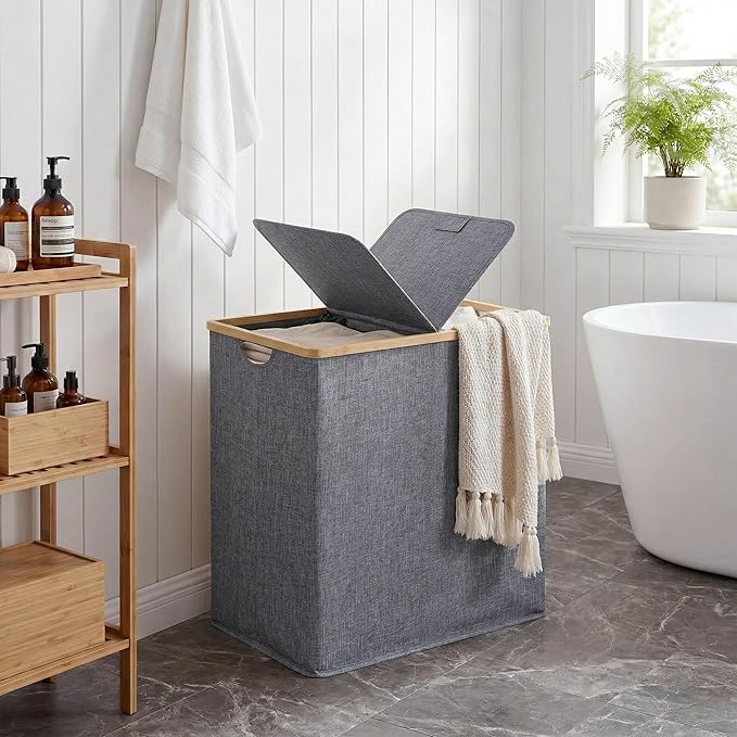 efluky Laundry Hamper with Lid, Double Laundry Basket with 2 Removable Bags, 2 Section Laundry Bin with Bamboo Handles for Bathroom, Bedroom & Laundry Room, 140L (36.9 Gallon) Blue Grey
