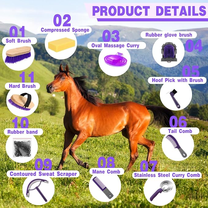 Abbylike 12 Piece Horse Grooming Kit with Organizer Tote Bag Brush Sets for Derby Day Show Horses Professional Tools for Care & Massage(Grey and Purple)