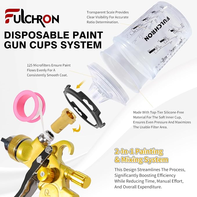 HVLP Paint Gun with 10 Disposable 600ML Paint Cups & 5 Nozzles | 1.4/1.7/2.0/2.5/3.0mm Nozzles Gravity Feed Spray Gun & Disposable Paint Cups for Automotive, Car Painting, Primer (Gold)
