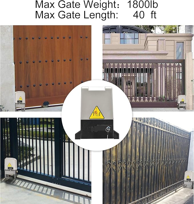 JIELI 1800lb Heavy Duty Automatic Sliding Gate Opener with Four Remote Controls,Chain Drive Motor for Driveway Rolling Gate up to 40 Feet,Sliding Gate Opener Hardware Security System Kit