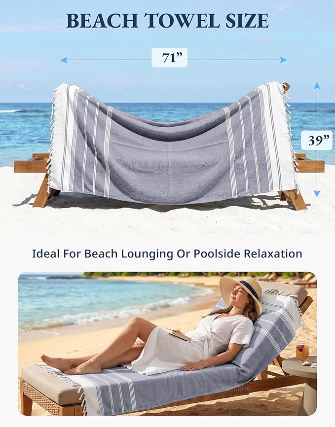 LANE LINEN Beach Towel 2 Pack, Beach Towels Oversized, Soft - Navy Blazer | Pre-Washed Large Beach Towels - 39"x71", Vacation Essential - Machine Washable, Travel & Camping - Reinforced Hems, Durable