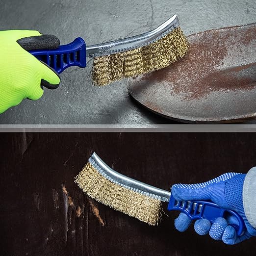 SALI Heavy Duty Wire Brushes for Cleaning Rust Removal Brass Brush Tool 11" Long Handle with Plastic Handle,for Automotive,Grill,Paint , Welding Slag&Household，More and Thicker Bristles Pack of 12
