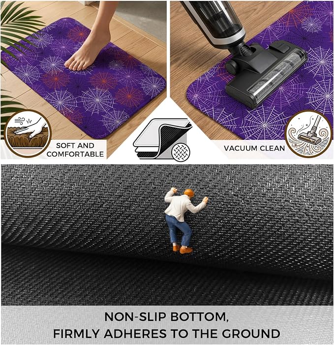 Purple Halloween Washable Area Rugs for Living Room Bedroom, Large Non Slip Indoor Floor Carpet Absorbent Low Pile Red Black White Net Halloween Door Mat Rugs for Bathroom Entryway 63"x90.6"
