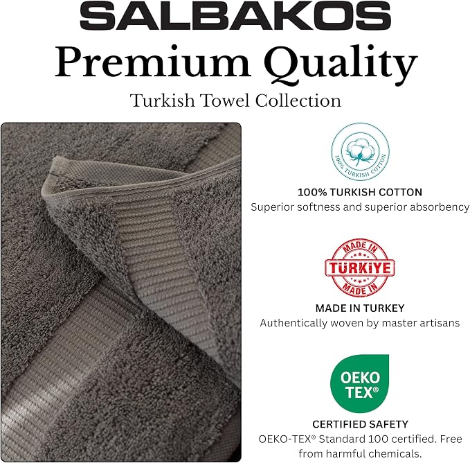 SALBAKOS 6-Piece 100% Turkish Cotton Hand Towels, 16x30 inch, Gray | Large Size Thick Super Soft Highly Absorbent, Versatile Hair Face & Hand Drying Towel, Premium Hotel Quality Made in Turkey