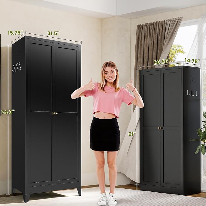 AQY Metal Pantry Cabinet, 75" Black Kitchen Storage Cabinet with Doors | 5 Adjustable Shelves Ventilated Metal Cabinet Hanging Hooks Freestanding Kitchen Storage