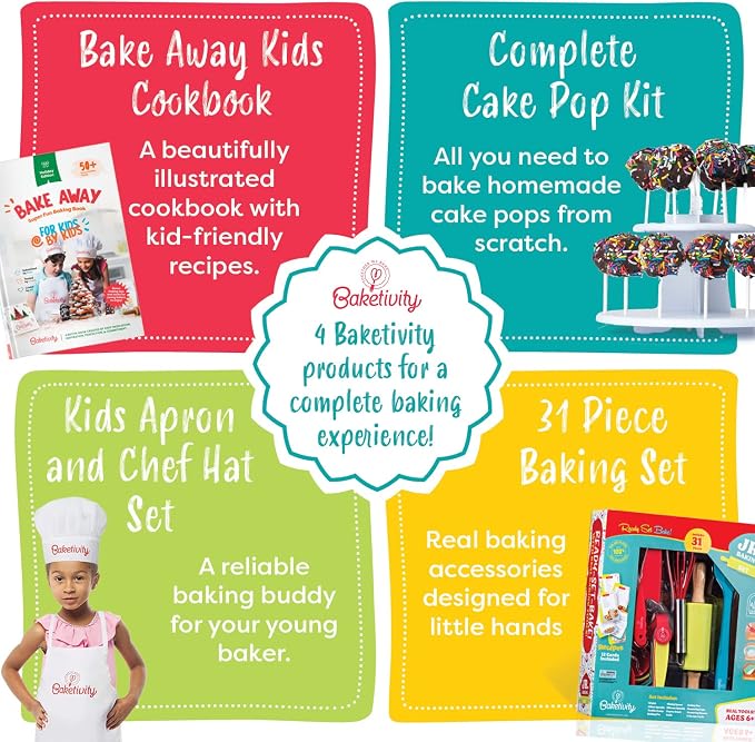 Baketivity 4 in 1 Kids Baking Set Mega Kit - Cake Pop Kit with Stand - Kids Apron and Chef Hat Set - Bake Away Cookbook - Cooking Real Utensils - Baking Gifts for Girls & Boys
