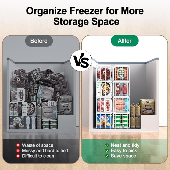 Freezer Organizer Bins, 6 Pack Big Baskets for 5/ 7 Cu.FT Deep Freezer | Stackable Chest Freezer Organizer Bins, Foldable Baskets with Handles, White Storage Container Baskets for Sort Frozen Meats