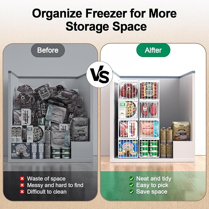 Freezer Organizer Bins, 2 Pack Big Baskets for 5/ 7 Cu.FT Deep Freezer | Stackable Chest Freezer Organizer Bins, Foldable Baskets with Handles, White Storage Container Baskets for Sort Frozen Meats