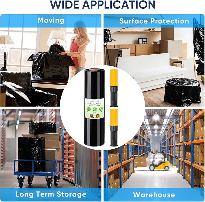 TICONN 1Pk Stretch Wrap Stretch Film Roll, 1000ft Industrial Strength 15 inch Wide Black Plastic Wrap with Handles for Pallet Wrapping Shipping Moving