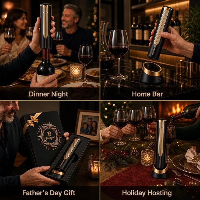 BLUBYEES Electric Wine Opener with Charging Base and Built-In Foil Cutter, Rechargeable Touch-Activated Automatic Corkscrew, Premium Wine Gifts for Men Women, Dad, Husband