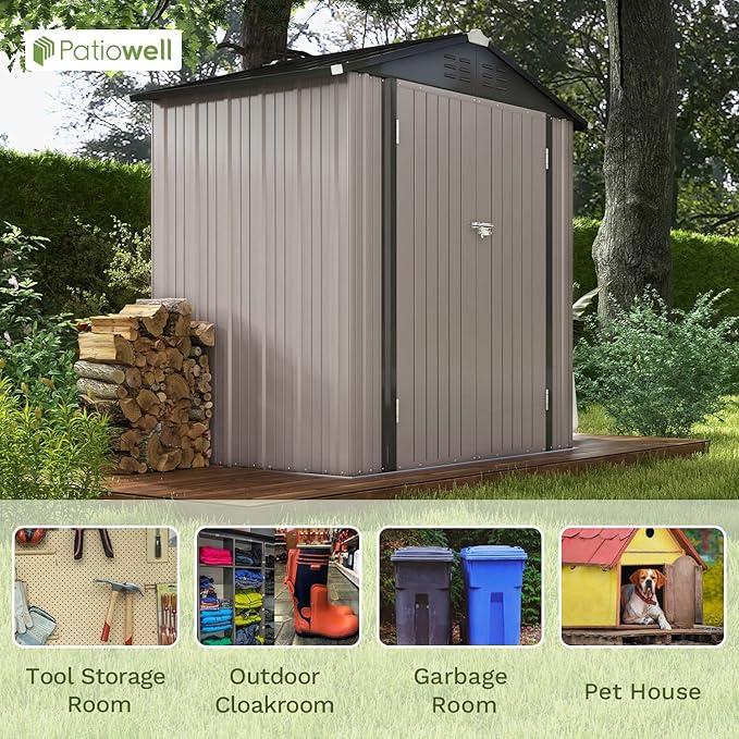 Patiowell 6x4 FT Outdoor Storage Shed, Garden Tool Storage Shed | with Sloping Roof and Double Lockable Door, Outdoor Shed for Garden Backyard Patio Lawn, Brown