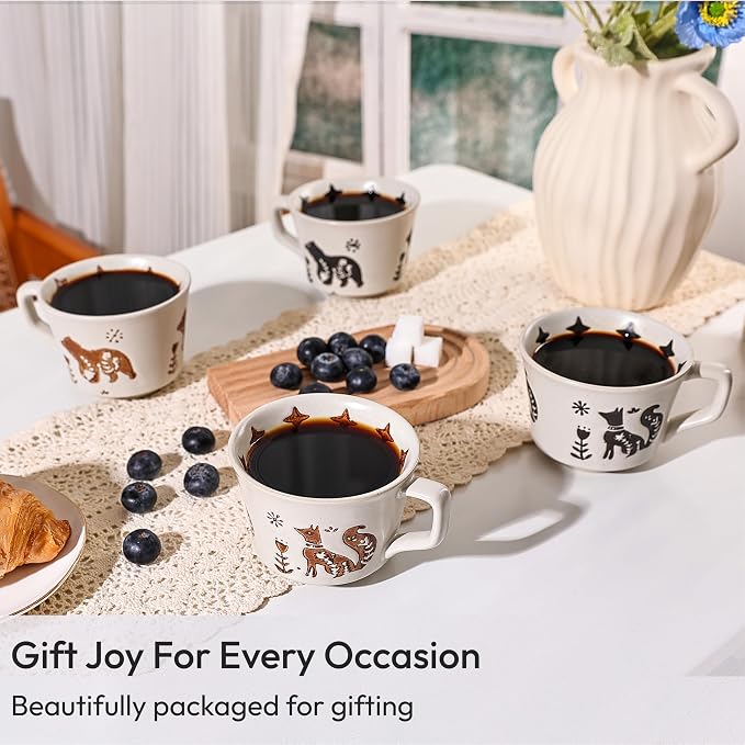 11 oz Ceramic Coffee Mug, Stoneware Teacup with Handle | Small Novelty Unique Cup for Tea Mocha Latte Cappuccino, Microwave Dishwasher Safe (Set of 4, Fox and Bear)
