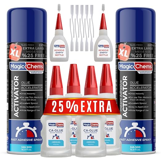 Magic Chems CA Glue with Activator (4 x 3.5 oz + 2 x 16.9 fl oz), Cyanoacrylate Glue and Activator, Super Glue withActivator, CAGlue and Accelerator (2 Pack)
