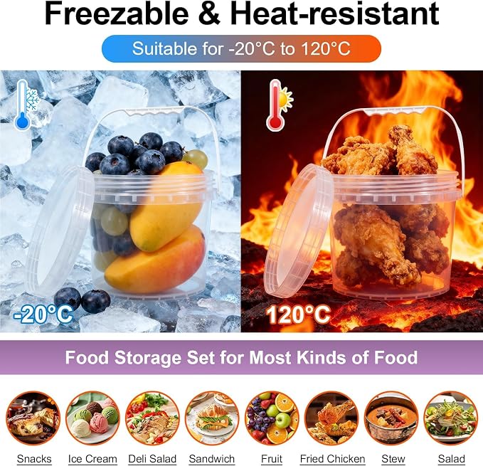 6 Pack 1 Gallon Food Grade Plastic Buckets with Screw Lids & Handle, Reusable Storage Containers for Snacks, Salad, Sauce - Clear Freezer Safe Bucket Set (Transparent)