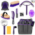 Abbylike 12 Piece Horse Grooming Kit with Organizer Tote Bag Brush Sets for Derby Day Show Horses Professional Tools for Care & Massage(Grey and Purple)