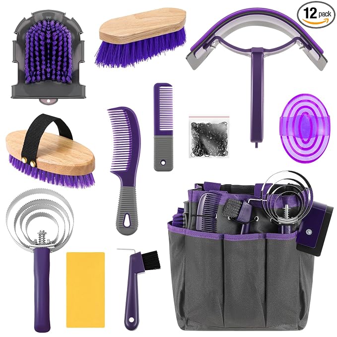 Abbylike 12 Piece Horse Grooming Kit with Organizer Tote Bag Brush Sets for Derby Day Show Horses Professional Tools for Care & Massage(Grey and Purple)