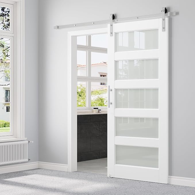 32" x 80" Pre-Assembled Barn Door and 6FT Sliding Door Hardware Kit Included & Handle, 5-Lite Frosted Glass White Sliding Barn Door for Closet Bathroom Bedroom, Solid & Water-Resistant MDF, Paintable