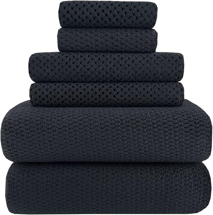 YTYC 29x59 Bath Towels Set,Towels for Bathroom,Black,6-Pieces | 2 Large Bath towels,2 Hand towels (14x29"),2 Washcloth (13x13"),Super Soft,Highly absorbent,Hanging Loop,80%Polyester
