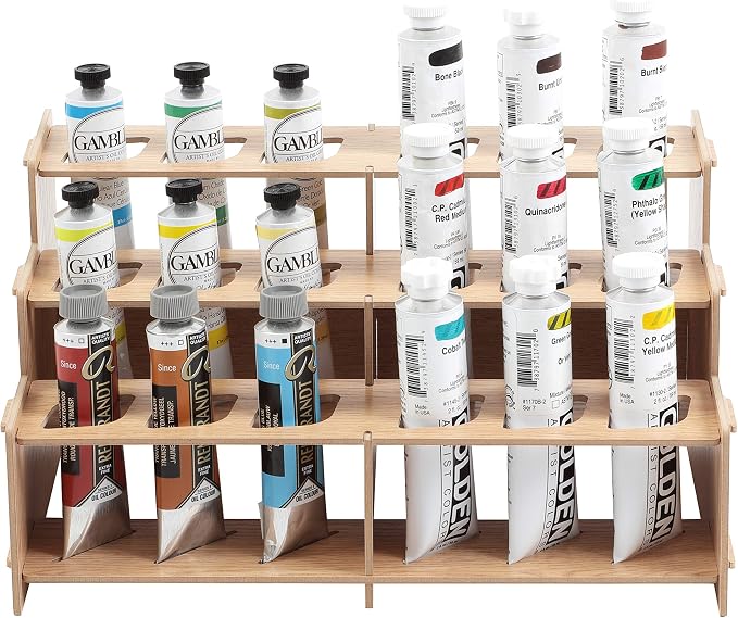 HG Art Concepts Mezzo Artist Paint and Brush Racks - Wood Grain Laminate Multi Layer Desk Stand Professional Storage Display Organizer for Paintbrushes and Tubes - Straight Rack 2