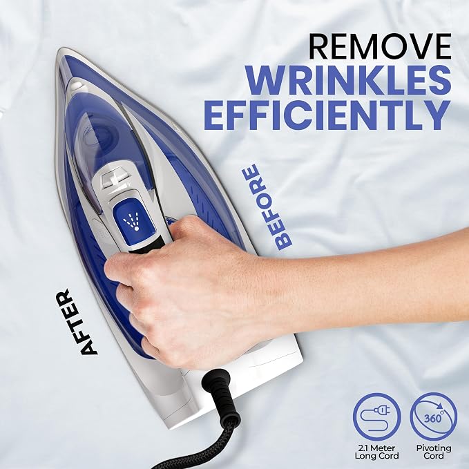 Utopia Home Steam Clothes Iron - 1800W (White Blue) Non-Stick Soleplate | Nonstick Soleplate With Auto-Off Safety Feature - Adjustable Thermostat Control, Variable Steam Control, Self-Clean, 8ft Cord