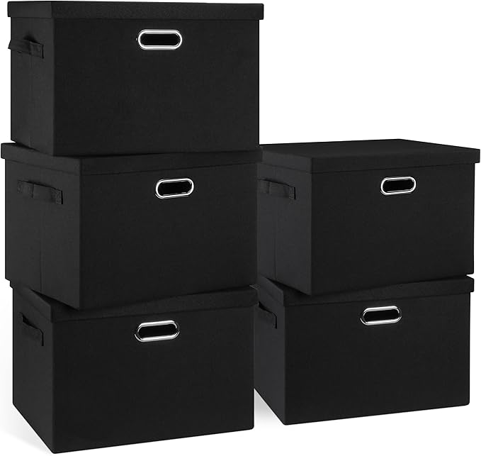 Graciadeco Large 17" 36 Quart Collapsible Stackable Storage Bins with Lids, 5 Packs Black Linen Fabric Closet Boxes with Lids, Storage Cube Baskets Container Organizers for Bedroom Office(17 x12 x11)