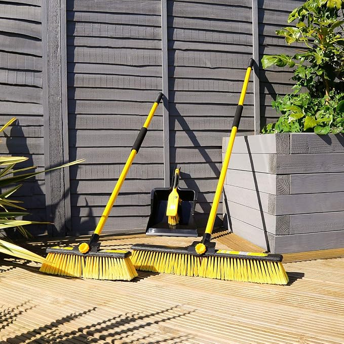 CHARLES BENTLEY Bulldozer Heavy Duty Dustpan and Brush Set with Stiff, Soft PVC Bristles, Serrated Edges, Front Scraper, Rubber Lip, Suitable for Garden and Indoor Use, Black and Yellow (44x28.5cm)